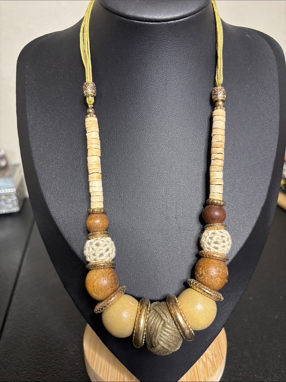 Boho Cottagecore Earthtone Beaded Mixed-Material Necklace Cream, Brown & Gold